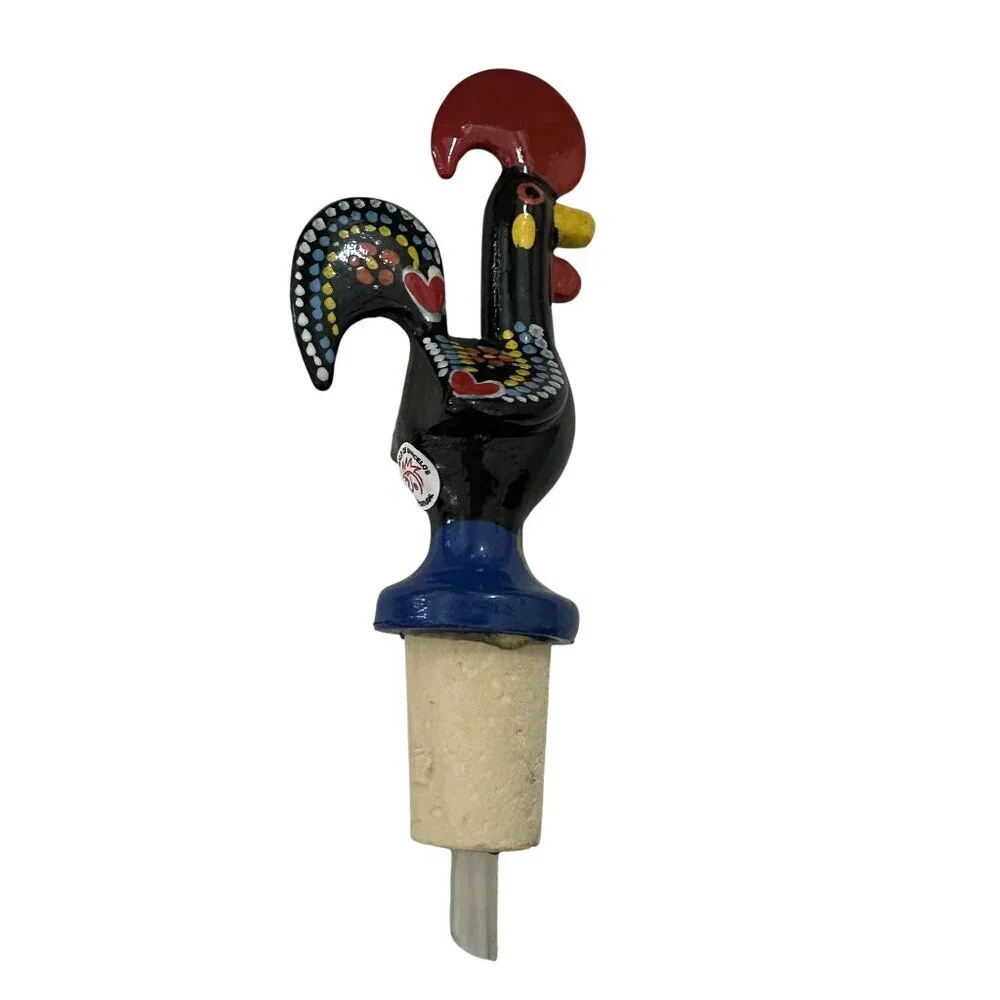 Portuguese The Rooster of Barcelos Black Bottle Stopper Cork Dispenser Souvenir